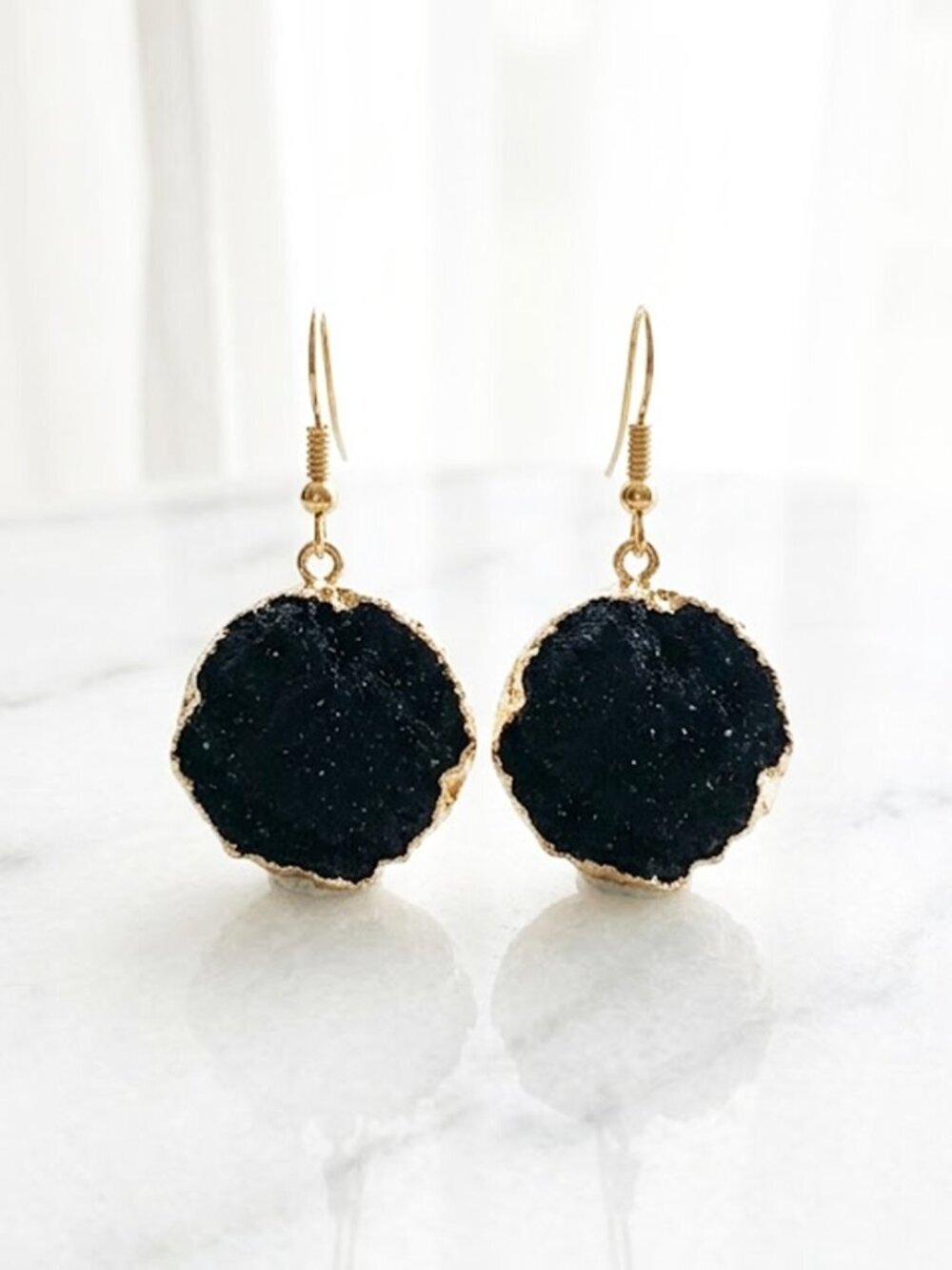 Black Fashionable Stone Round Earrings